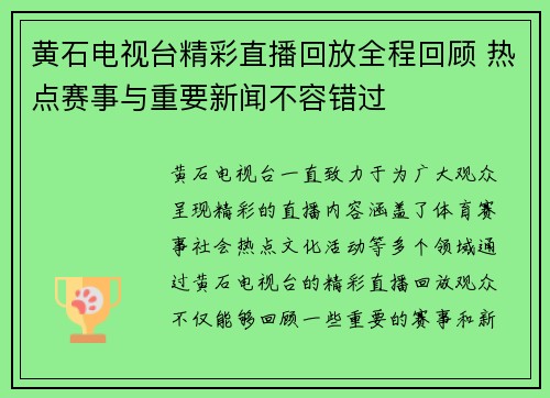 黄石电视台精彩直播回放全程回顾 热点赛事与重要新闻不容错过