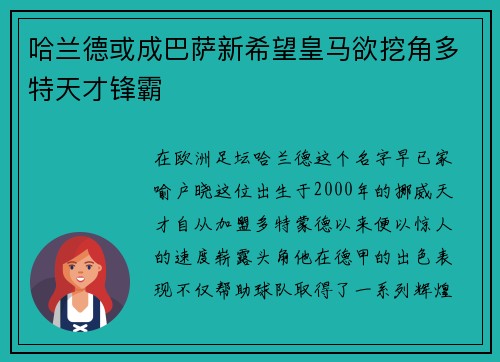 哈兰德或成巴萨新希望皇马欲挖角多特天才锋霸
